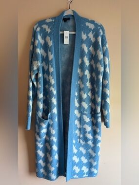 Ann Taylor Blue and White Houndstooth Open-Front Cardigan